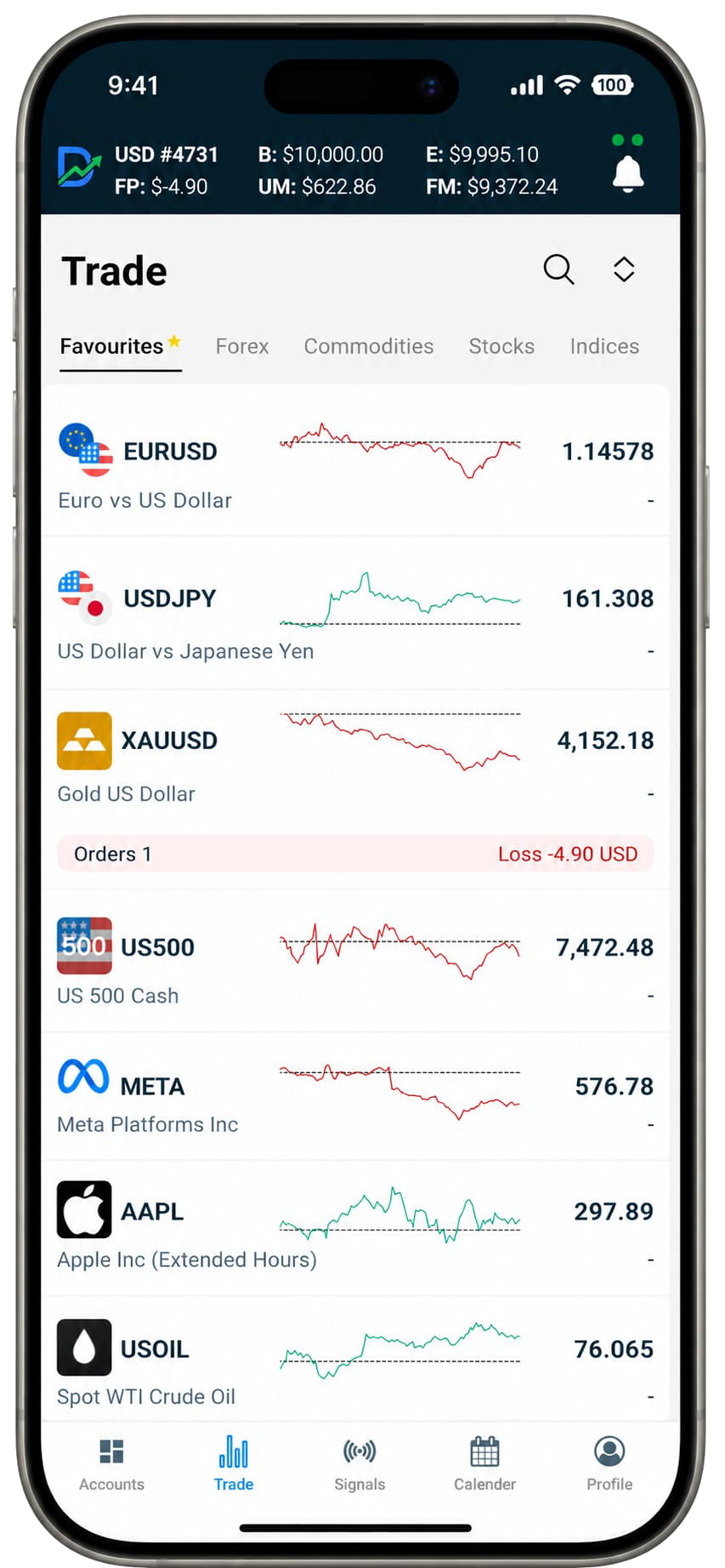 DemoTrader iOS app on iPhone
