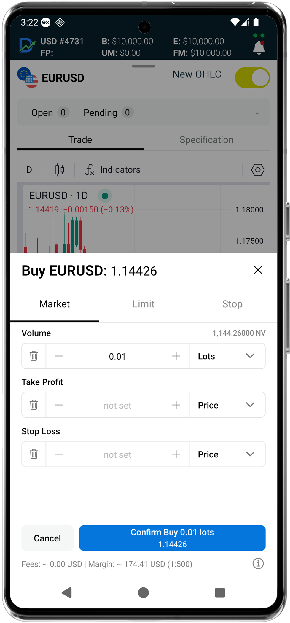 DemoTrader buy order screen on mobile
